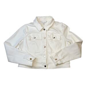 White House Black Market Women's White Cropped Denim Jacket Size Large